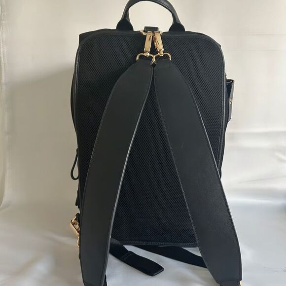 CARAA Large Backpack Black Nylon Leather Trim Gold Hardware Travel Bag 15\